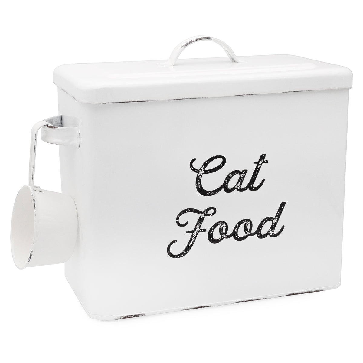 AuldHome Farmhouse Cat Food Container; Enamelware Rustic Cat Food Bin