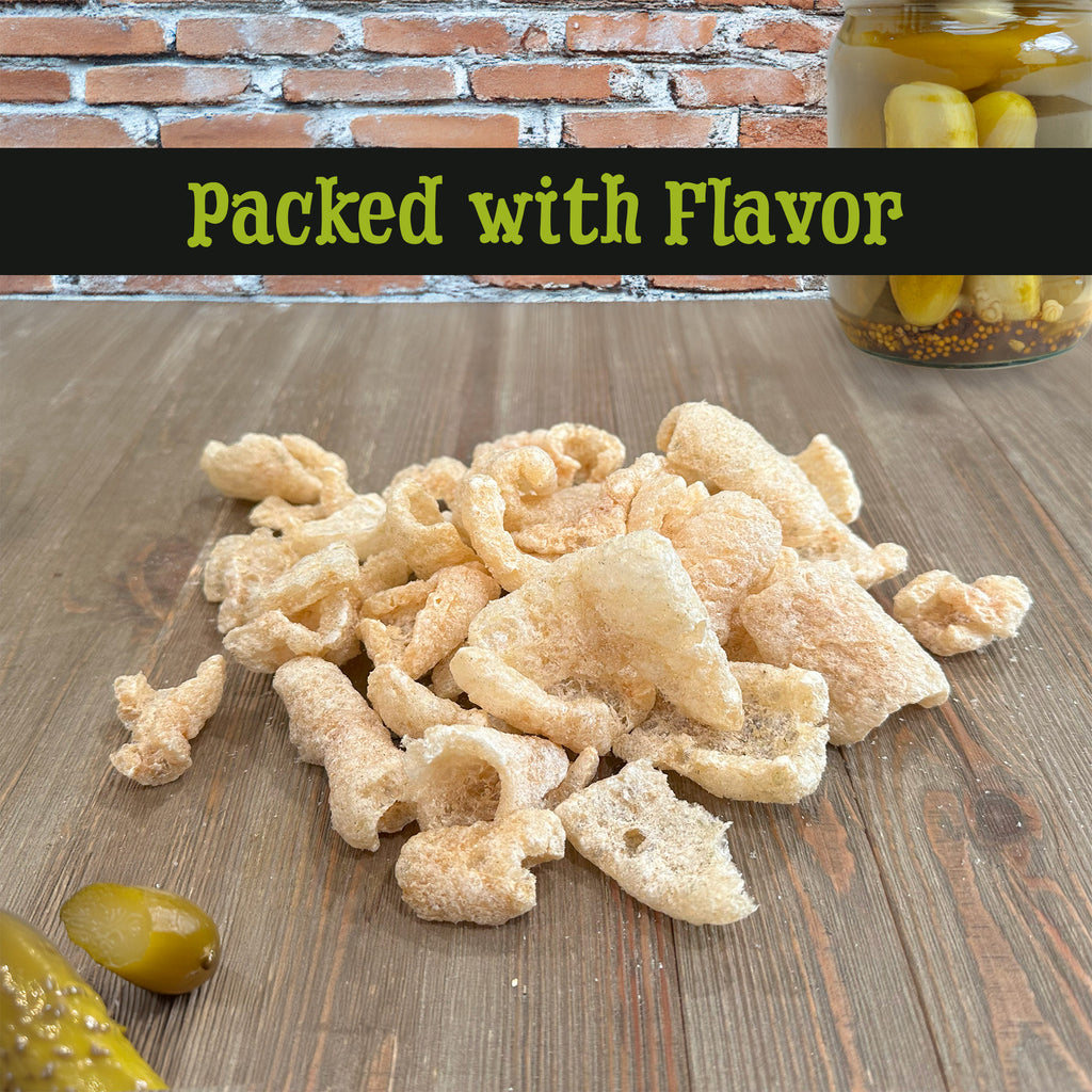 Keto-Friendly Pickle Flavor Pork Rinds (Dill Pickle, 8oz Bag) - OUPKit015