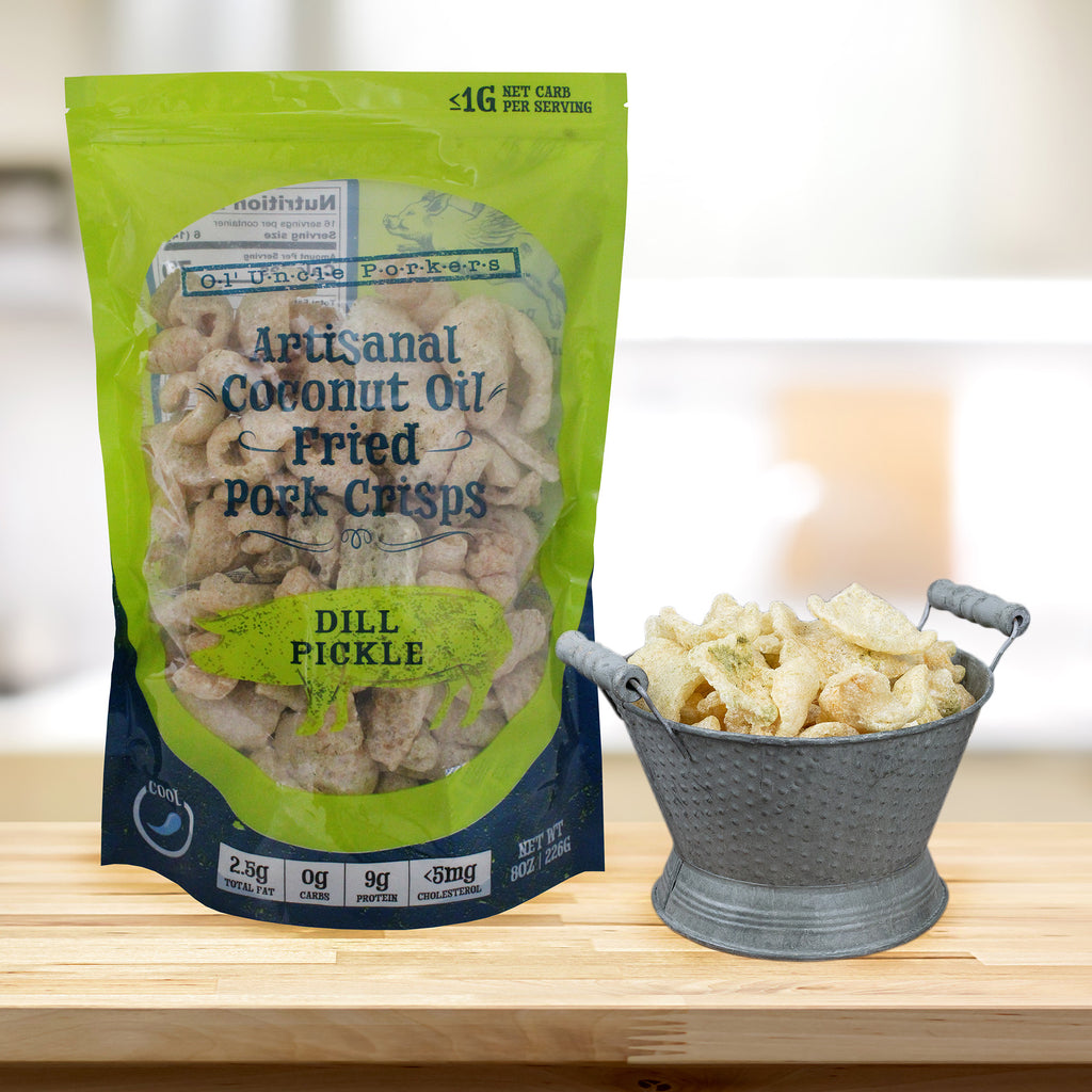 Keto-Friendly Pickle Flavor Pork Rinds (Dill Pickle, 8oz Bag) - OUPKit015