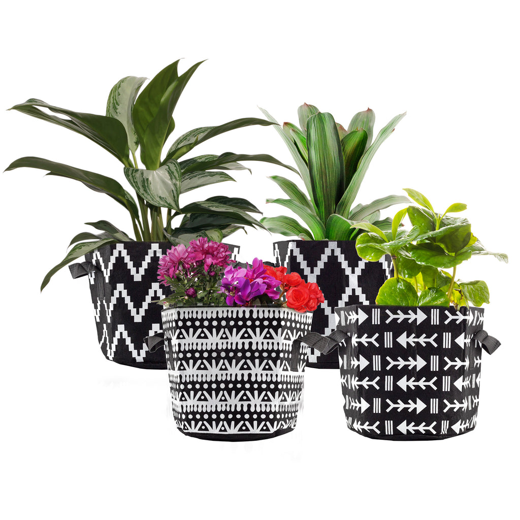 3 Gallon Grow Bags (Set of 4, Black & White Boho) - sh2413dar0