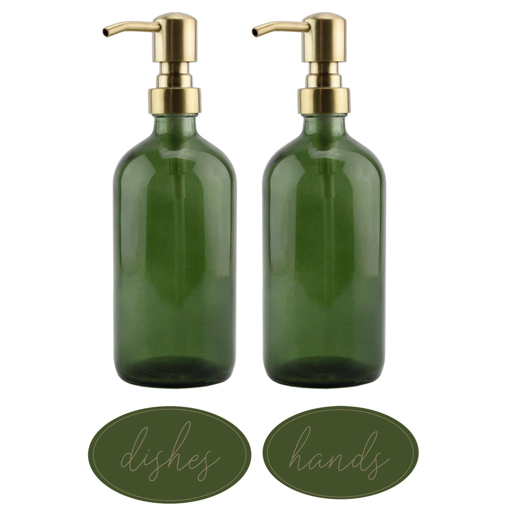 Green Glass Soap Dispensers (2-Pack, Gold Metal Pumps, 16-Ounce) - sh2444dar0