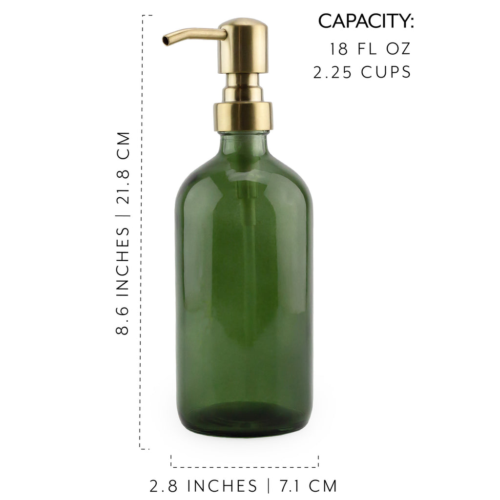 Green Glass Soap Dispensers (2-Pack, Gold Metal Pumps, 16-Ounce) - sh2444dar0
