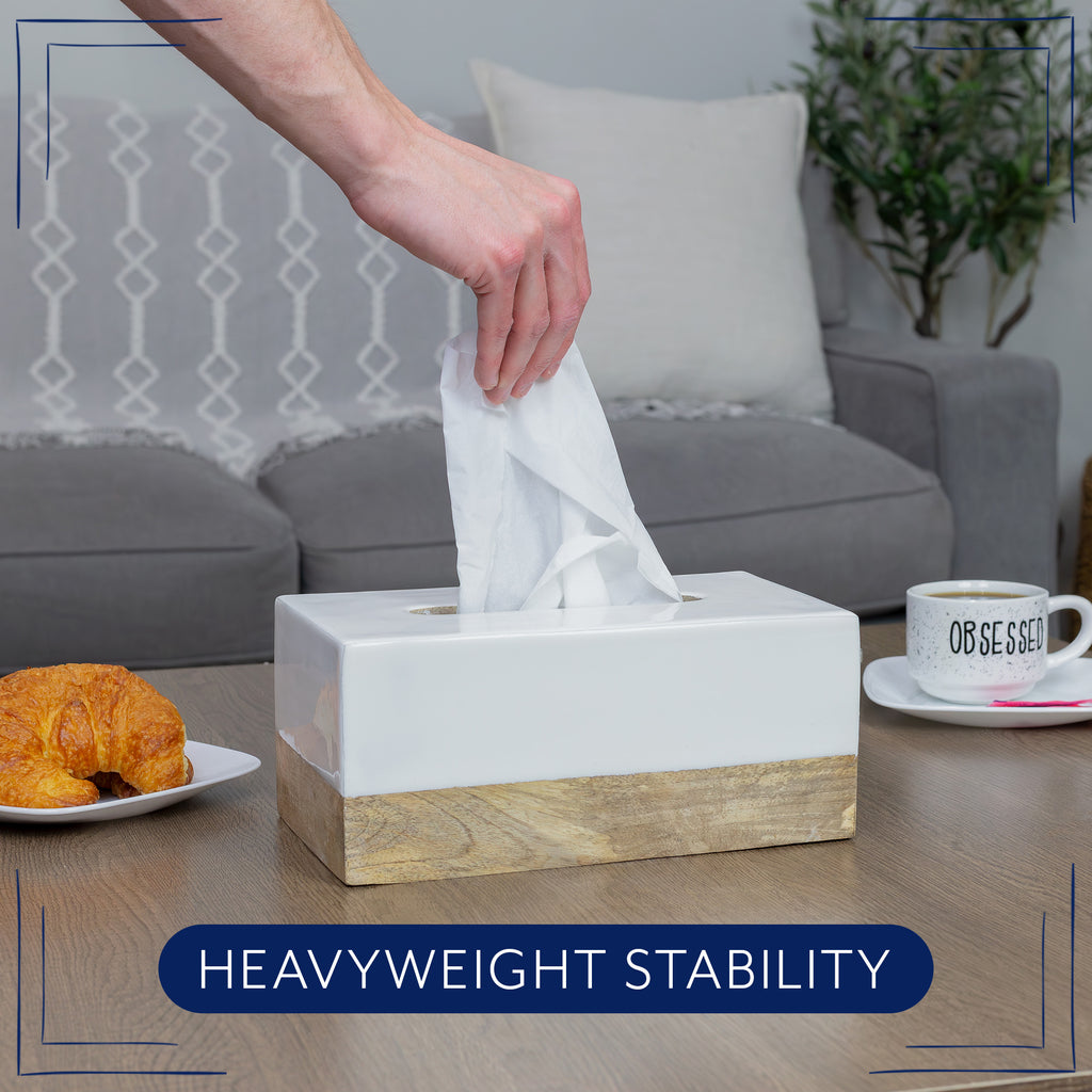 Mango Wood and White Enamel Rectangular Tissue Box Cover - sh2472ah10
