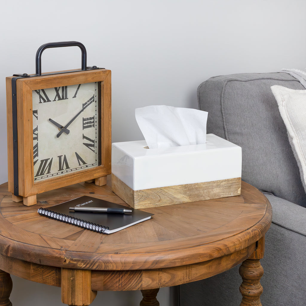Mango Wood and White Enamel Rectangular Tissue Box Cover - sh2472ah10