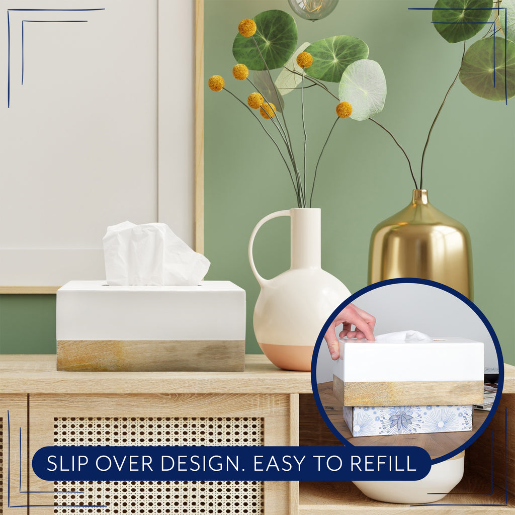 Mango Wood and White Enamel Rectangular Tissue Box Cover - sh2472ah10