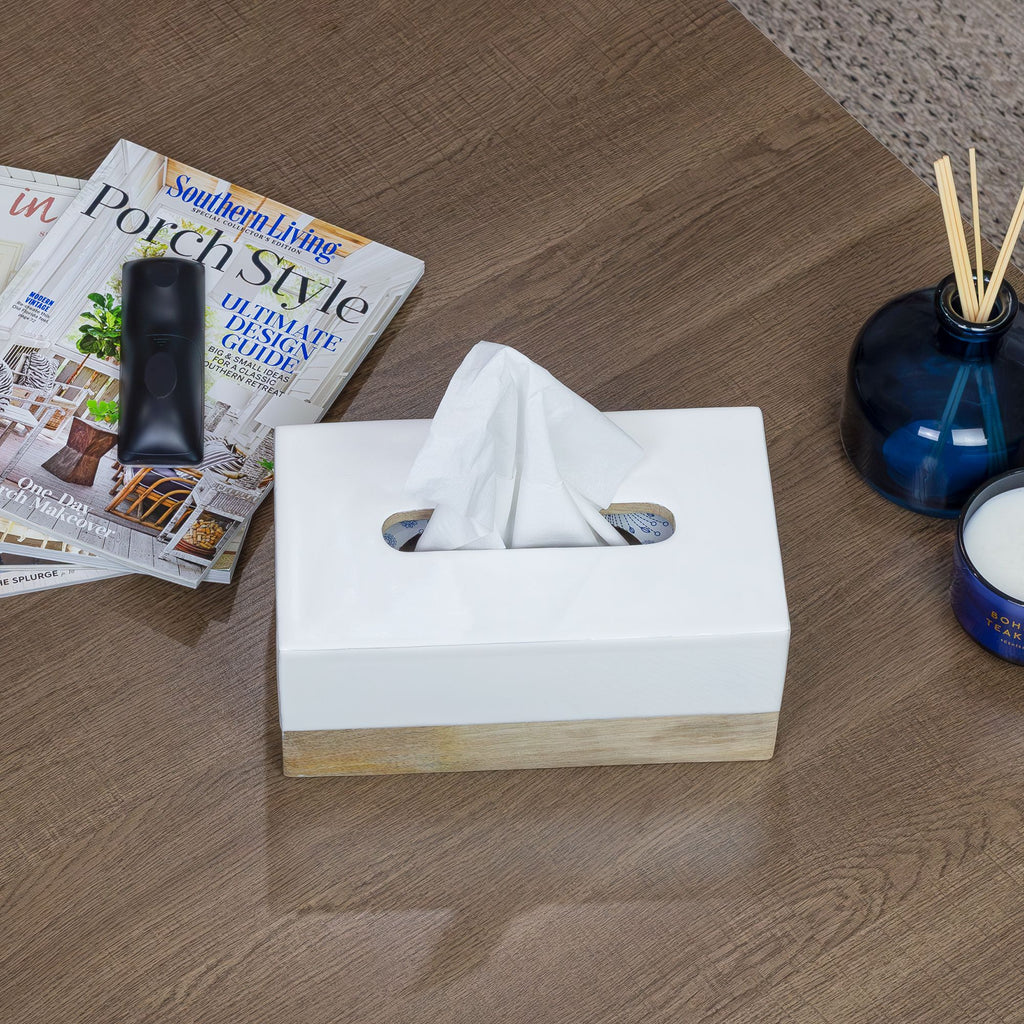 Mango Wood and White Enamel Rectangular Tissue Box Cover - sh2472ah10