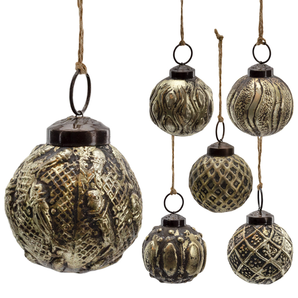 Farmhouse Christmas Ball Ornaments (Set of 6, Medium, Antique Gold) - sh2653ah1