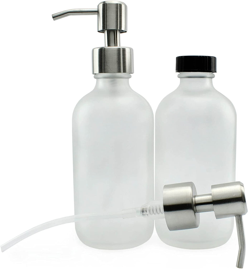 Frosted Glass Soap Dispenser w/Stainless Steel Pumps (8oz, 2-Pack) - sh1496cb08oz