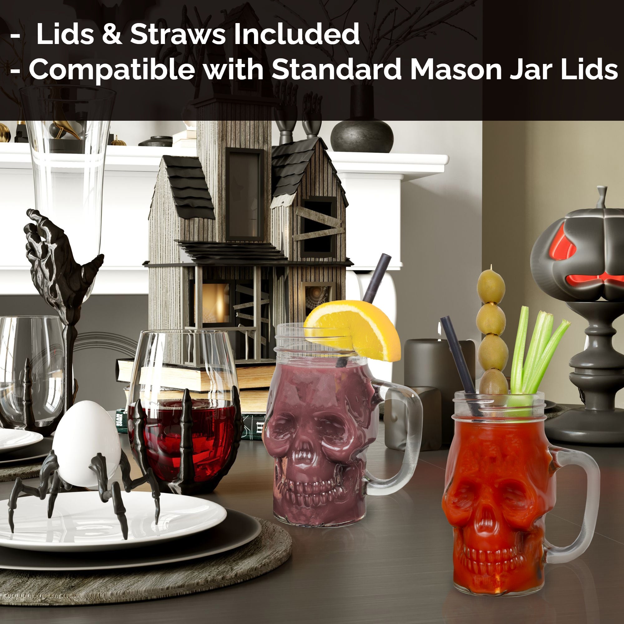 Darware Skull Mason Jar Mugs (Set of 4); Clear 12oz Glasses with Reusable Straws, Adult Unisex, Size: 12 Ounces
