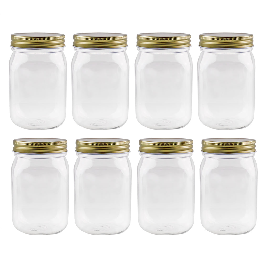 16-Ounce Clear Plastic Mason Jars (8-Pack, Gold Metal Lids); PET BPA-Free Mason Jars with One Piece Lids, 2-Cup/Pint Capacity, Compatible with Regular Mouth Mason Jar Lids - sh2325cb0