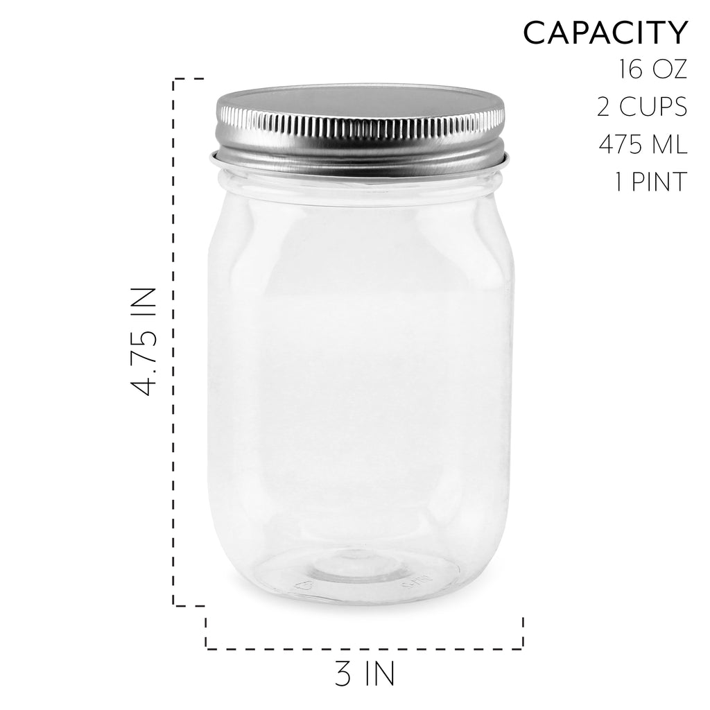 16oz Clear Plastic Mason Jars (8-Pack, Silver Metal Lids) - CBKit010