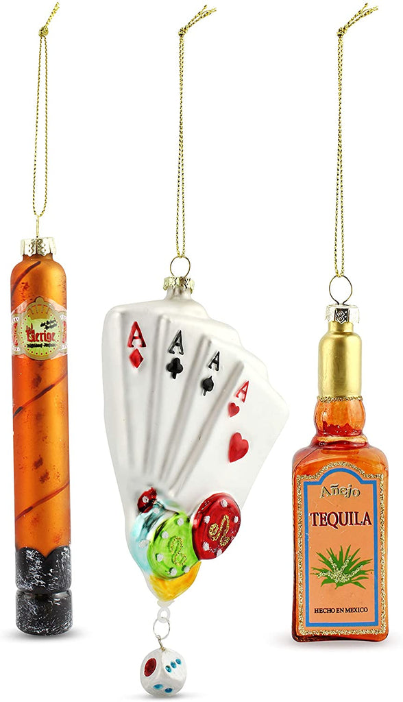 Glass Poker Ornament Set (3-Piece Set w/ Playing Cards, Cigar, and Tequila Bottle) - sh1819Dcr0rmd