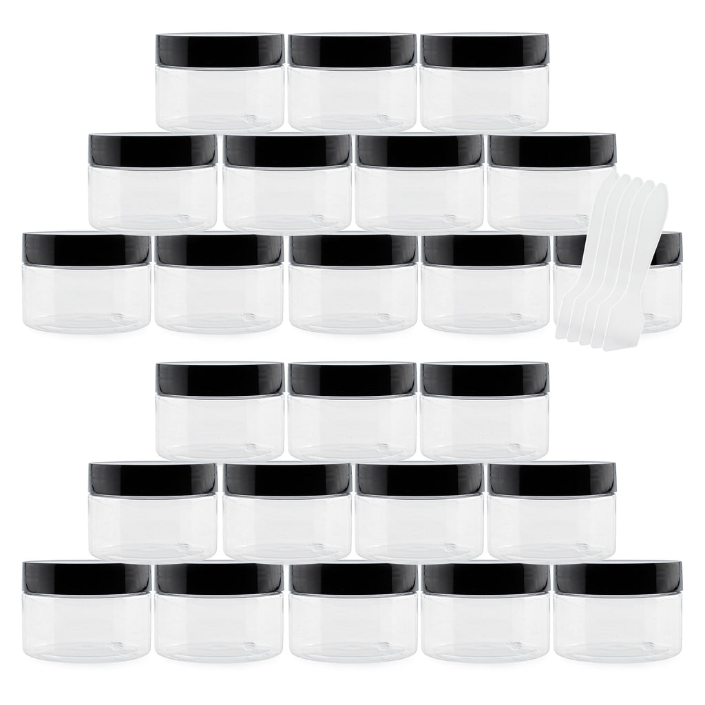 4oz Clear Plastic Jars with Labels & Spatulas & Lids (24-Pack) - sh1914cb024Jars
