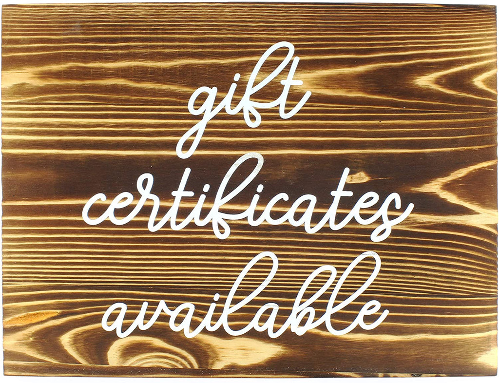 Darware Gift Certificates Available Sign, Wood Decorative Retail Store Display Sign for Gift Cards / Certificates (Brown w/ White Script) - sh1873dar0Brown