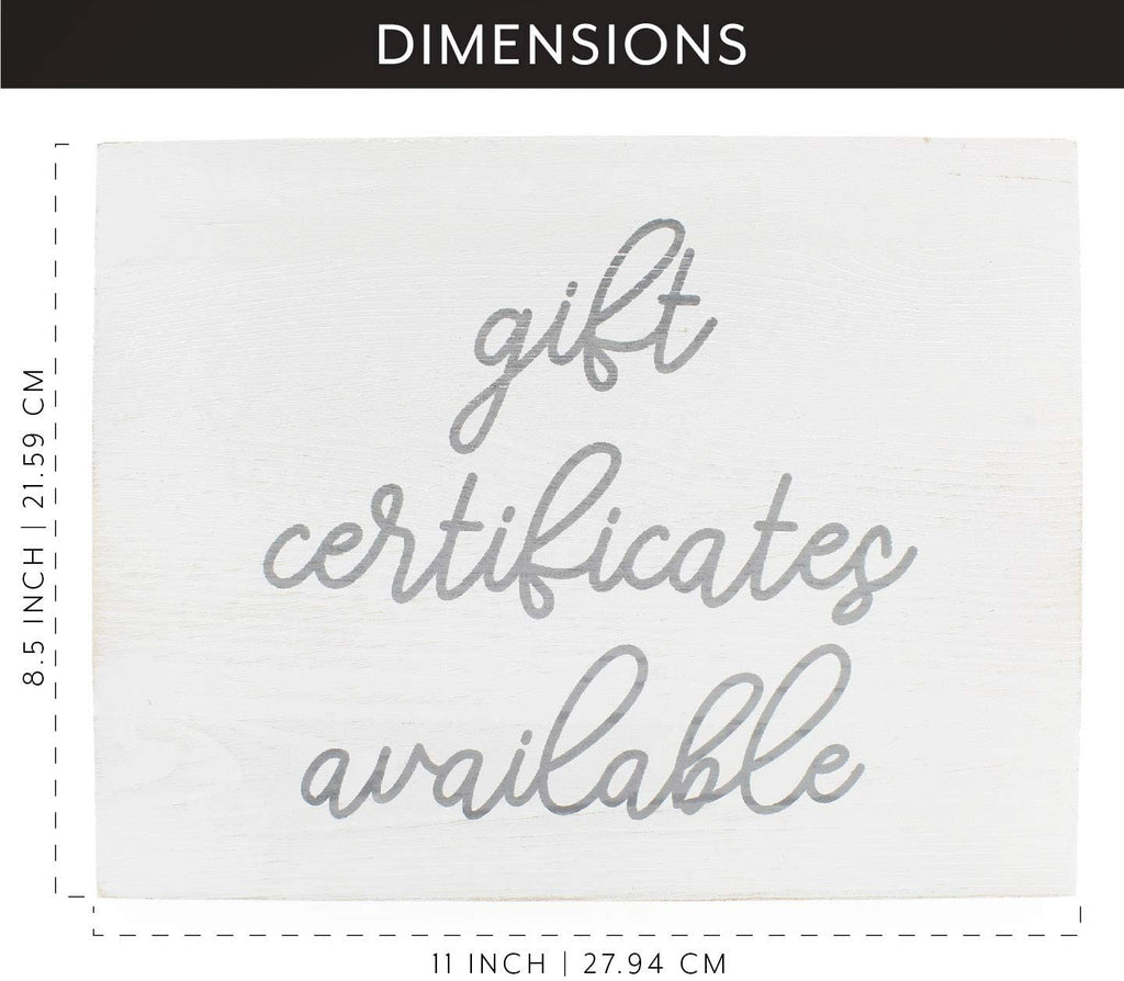 Darware Gift Certificates Available Sign, Wood Decorative Retail Store Display Sign for Gift Cards / Certificates (White w/ Gray Script) - sh1874dar0White