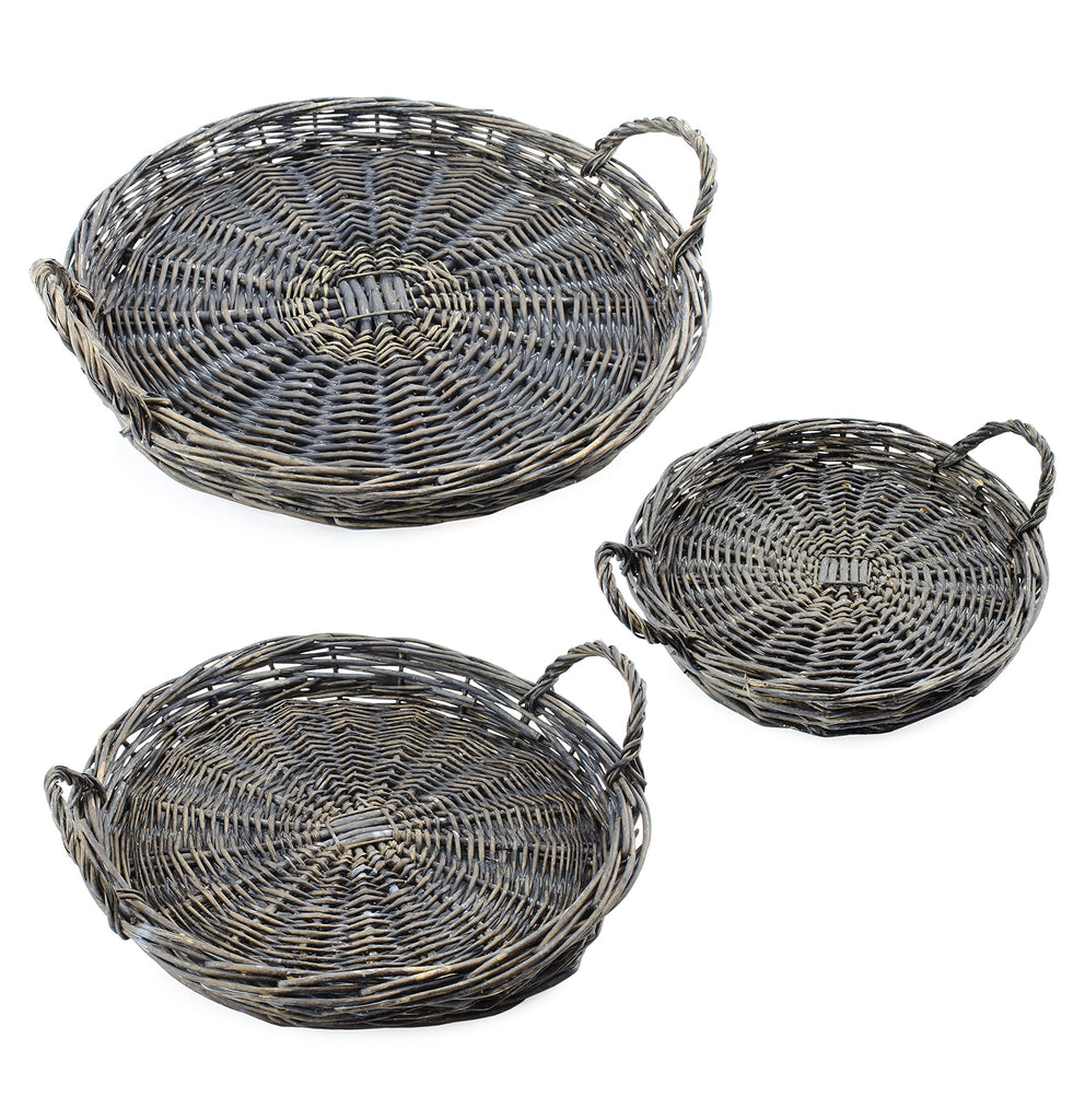 Rustic Willow Basket Trays, Set of 3 (Round, Gray Washed) - sh1916ah1Round