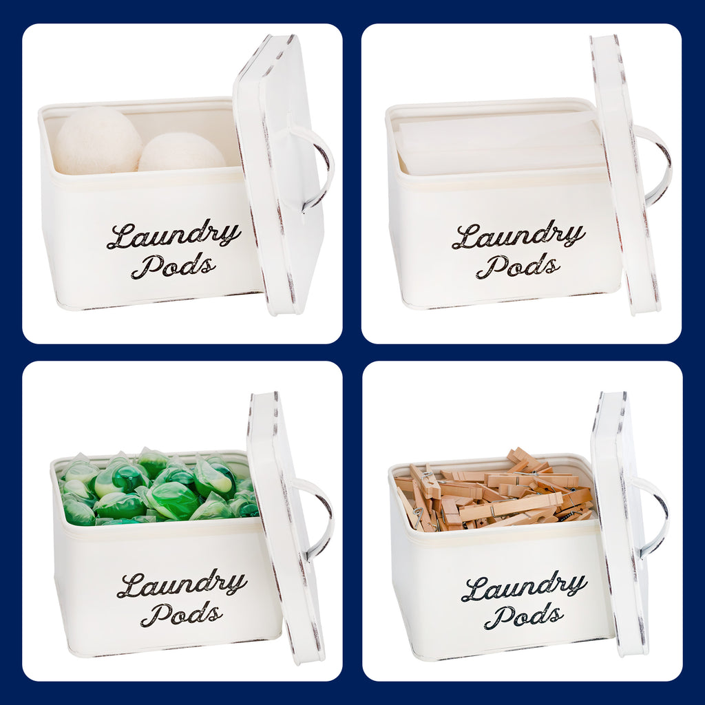 Enamelware Laundry Pod Holder; Rustic White Laundry Pod Storage Container - sh2126ah1