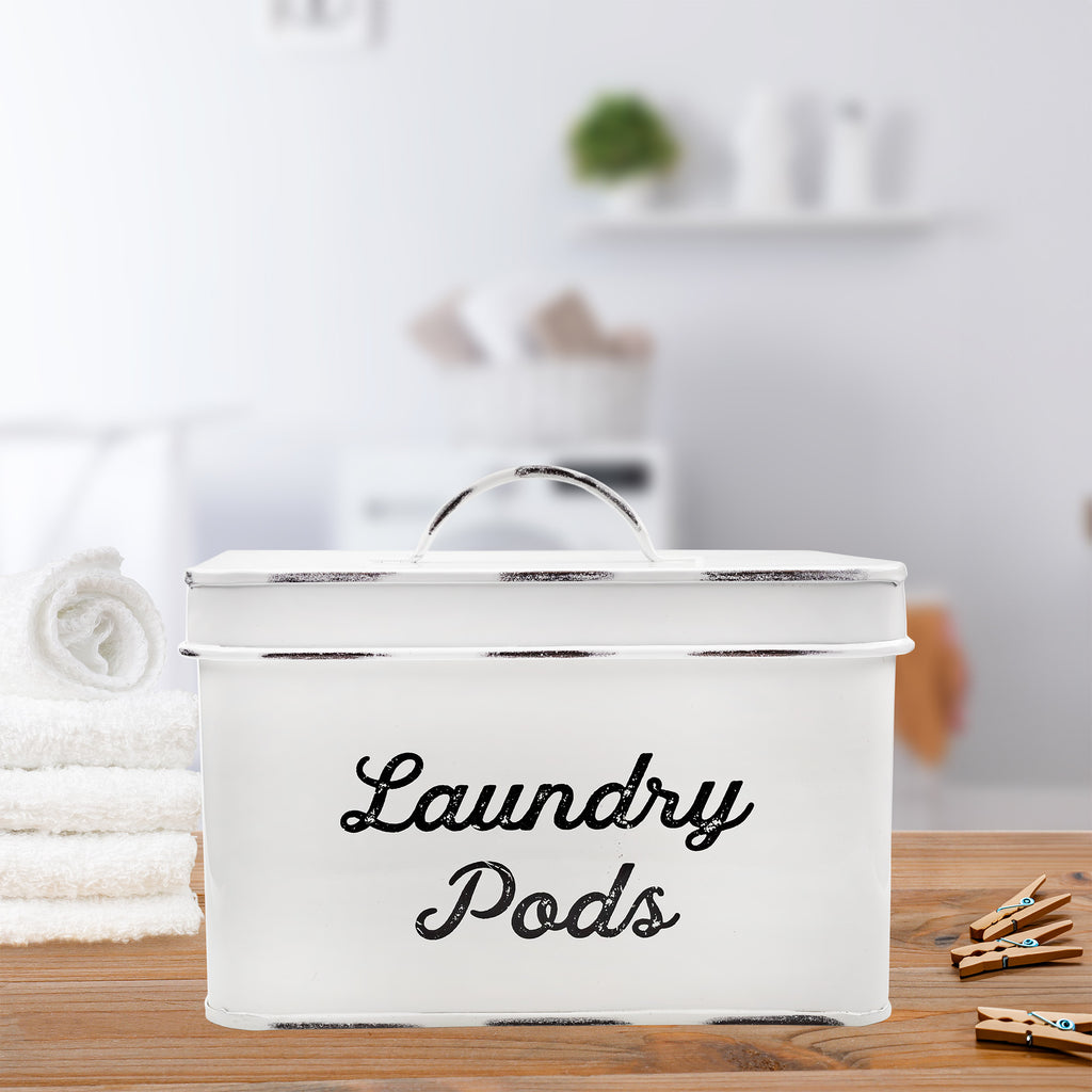 Enamelware Laundry Pod Holder; Rustic White Laundry Pod Storage Container - sh2126ah1