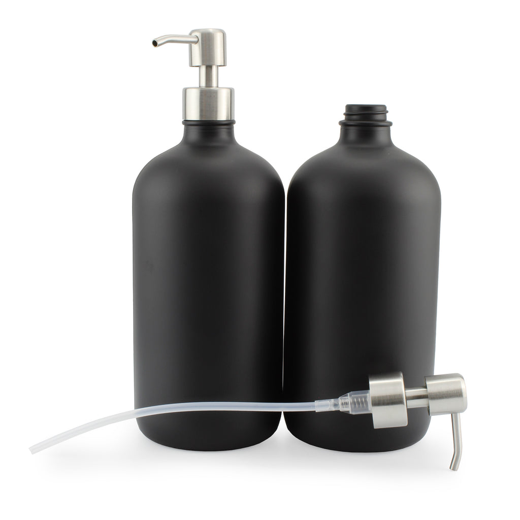 32oz Black Glass Pump Bottles w/ Stainless Steel Pumps (Case of 24) - 12X_SH_2147_CASE