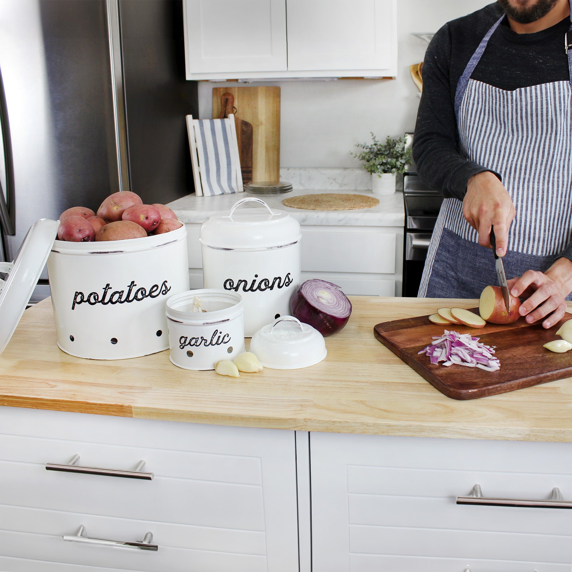 AuldHome Enamelware Vegetable Canister Set, White Farmhouse Style For Potatoes, Onions & Garlic, 6 Pieces