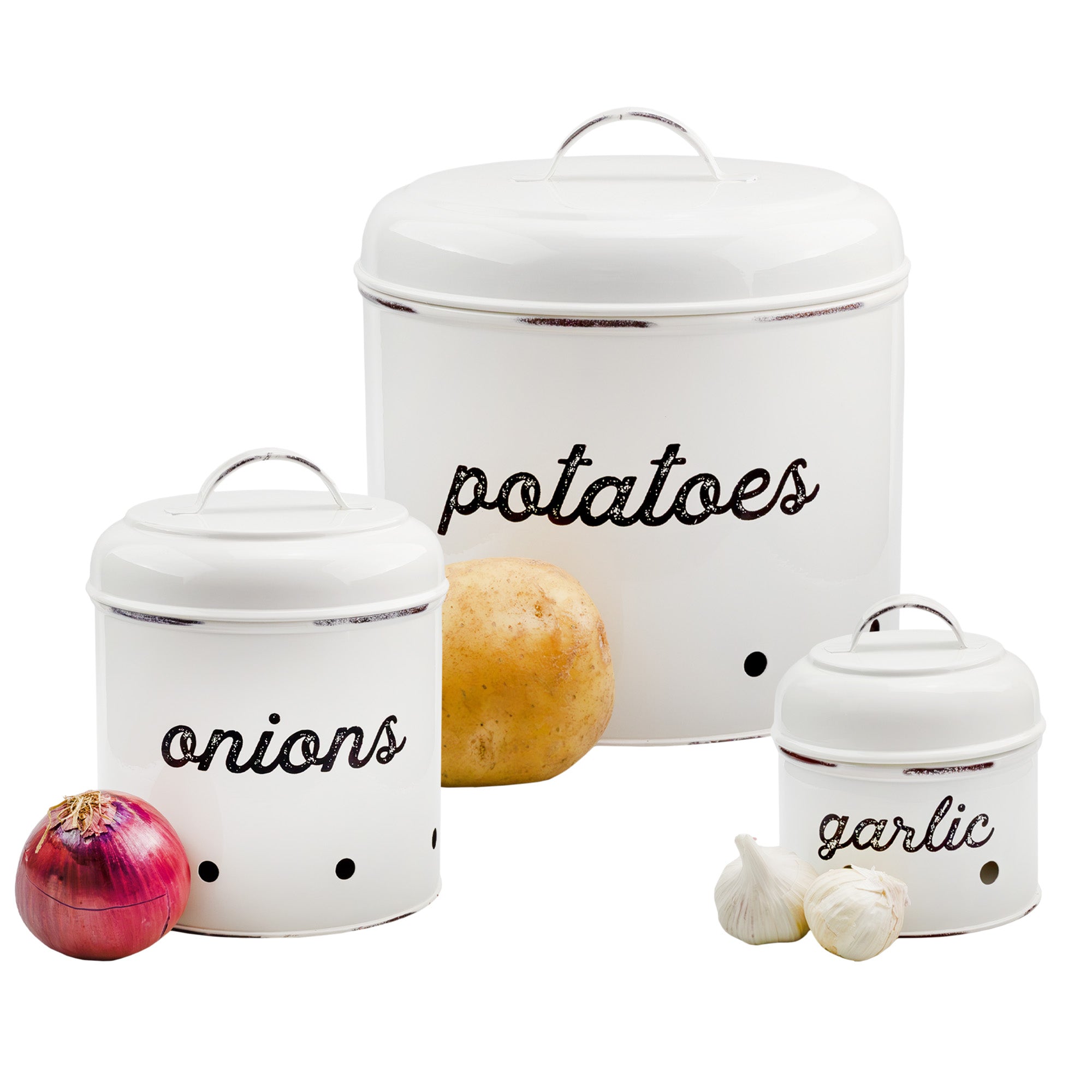 AuldHome Potatoes, Onions and Garlic Canister Set (Black); Contemporary  Vegetable Storage Containers