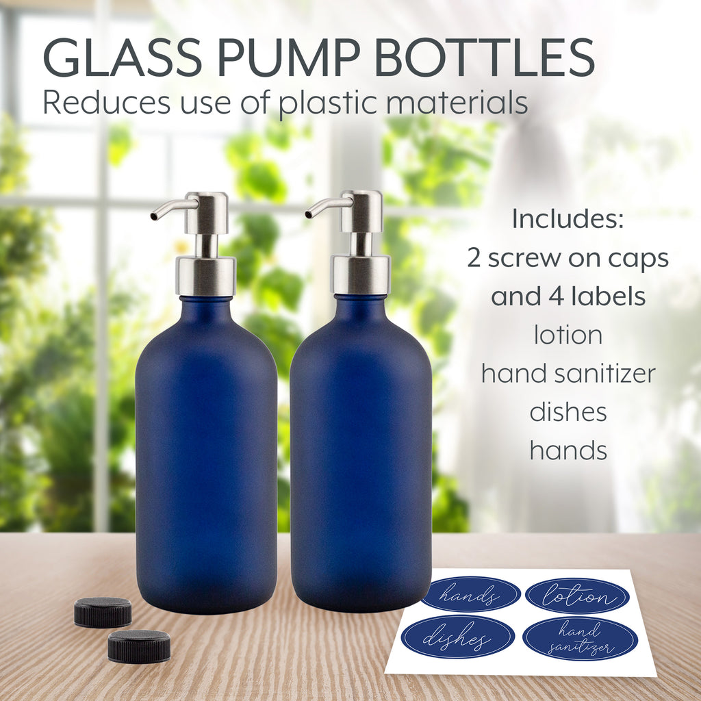 16oz Glass Pump Bottles (Blue w/ Silver, Case of 40) - 20X_SH_2142_CASE