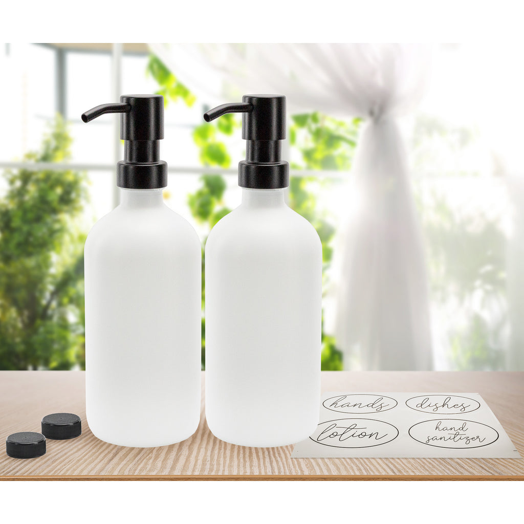 16oz Glass Pump Bottles (White w/ Black, Case of 20) - SH_2307_CASE