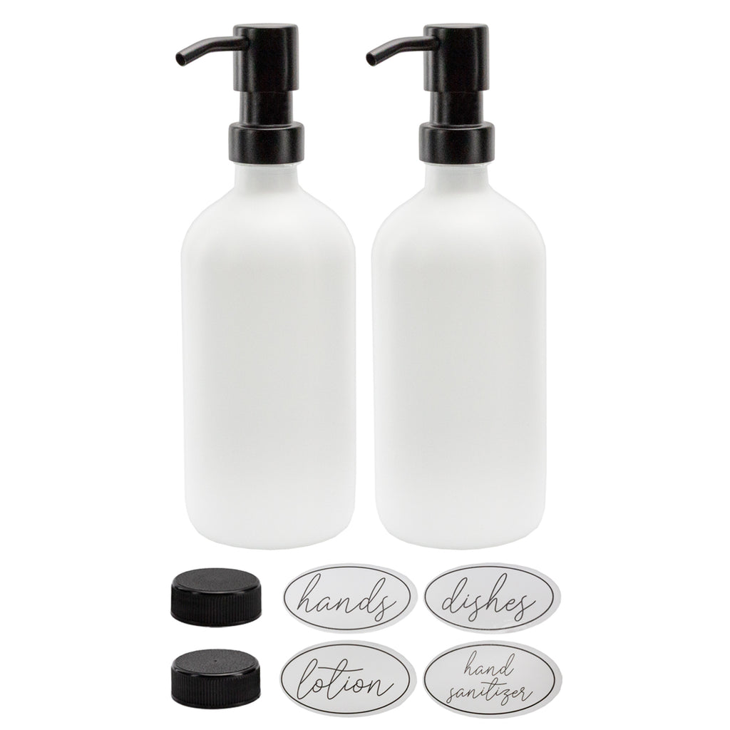 16oz Glass Pump Bottles (White w/ Black, Case 40 Bottles) - 20X_SH_2307_CASE