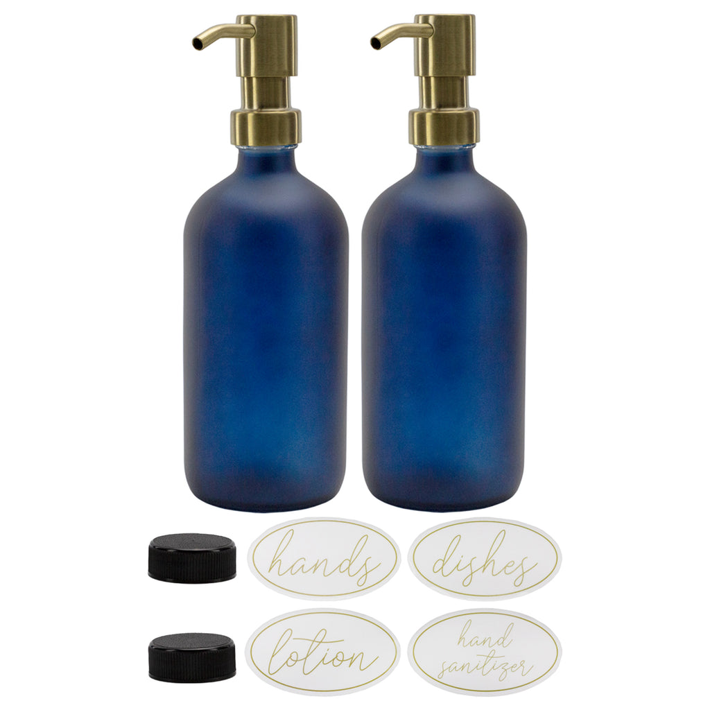 16oz Glass Pump Bottles (Blue w/ Gold, Case 40 Bottles) - 20X_SH_2309_CASE