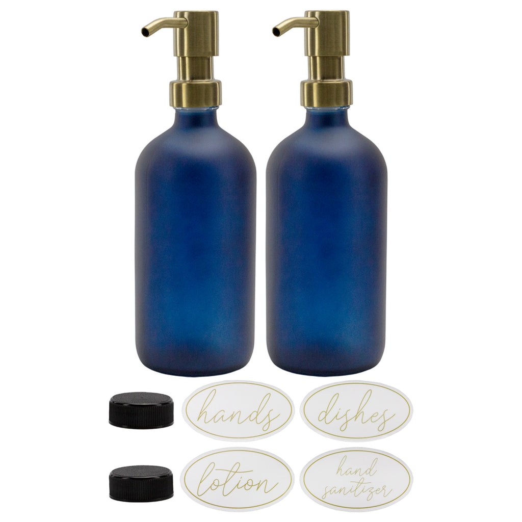 16oz Glass Pump Bottles (Blue w/ Gold, Case of 20) - SH_2309_CASE