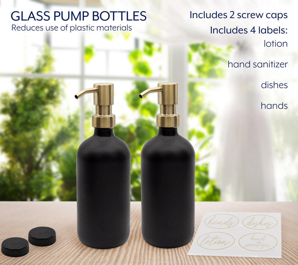 16oz Glass Pump Bottles (Set of 2, Black w/ Gold) - sh2310dar0