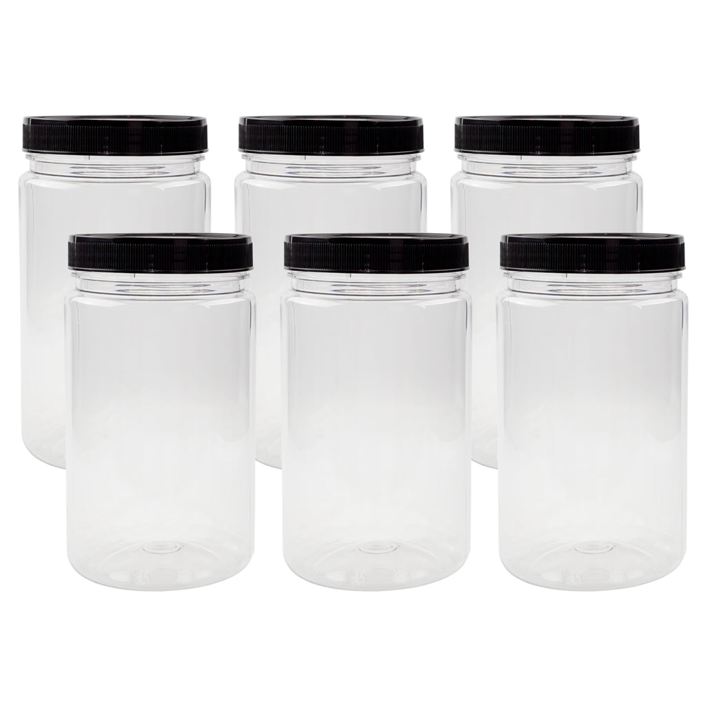 32oz Clear Plastic Jars w/ Black Lids (6 pack) - sh1321cb032oz