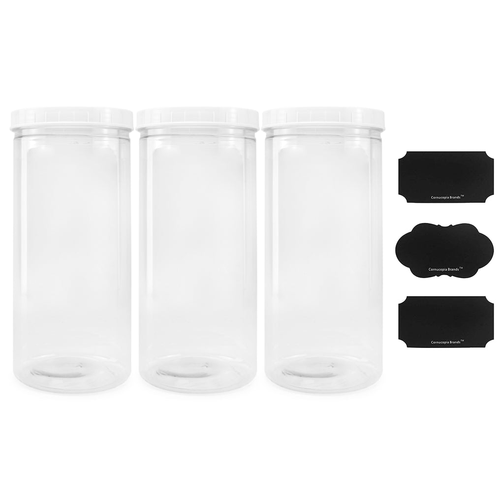 Tall Clear Plastic Canisters w Lids and Labels ( 3-Pack, 2.5 quart / 10 cups) - CBKit022