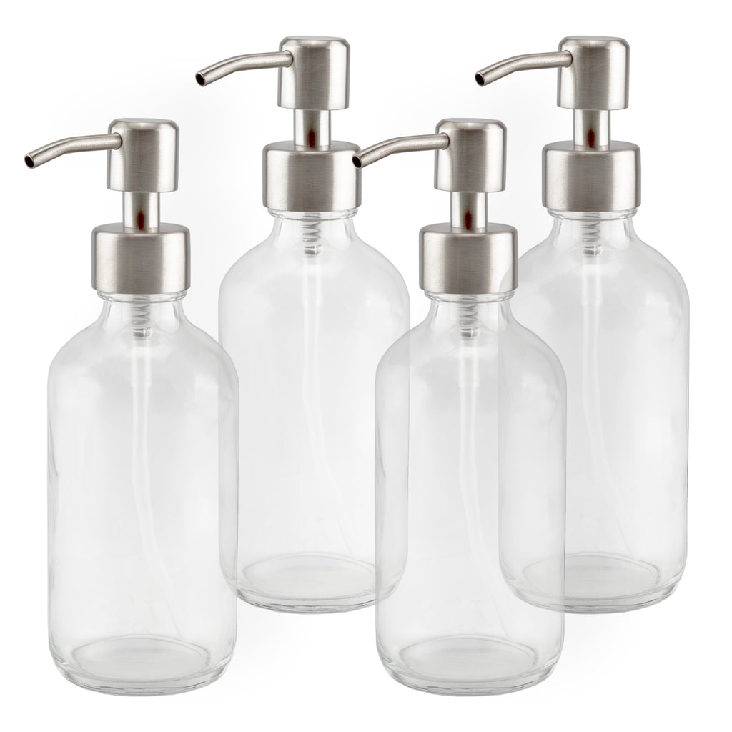 8oz Clear Glass Bottles w/ Stainless Steel Lotion Pumps (4-Pack) - sh899cb04pk
