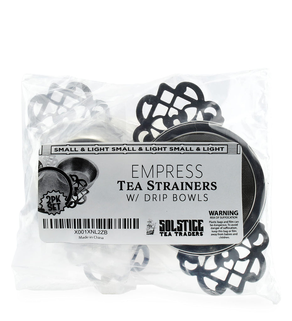 Empress Tea Strainers with Drip Bowls (2-Pack); Elegant Stainless Steel Loose Leaf Tea Strainers - sml0517aepsttx