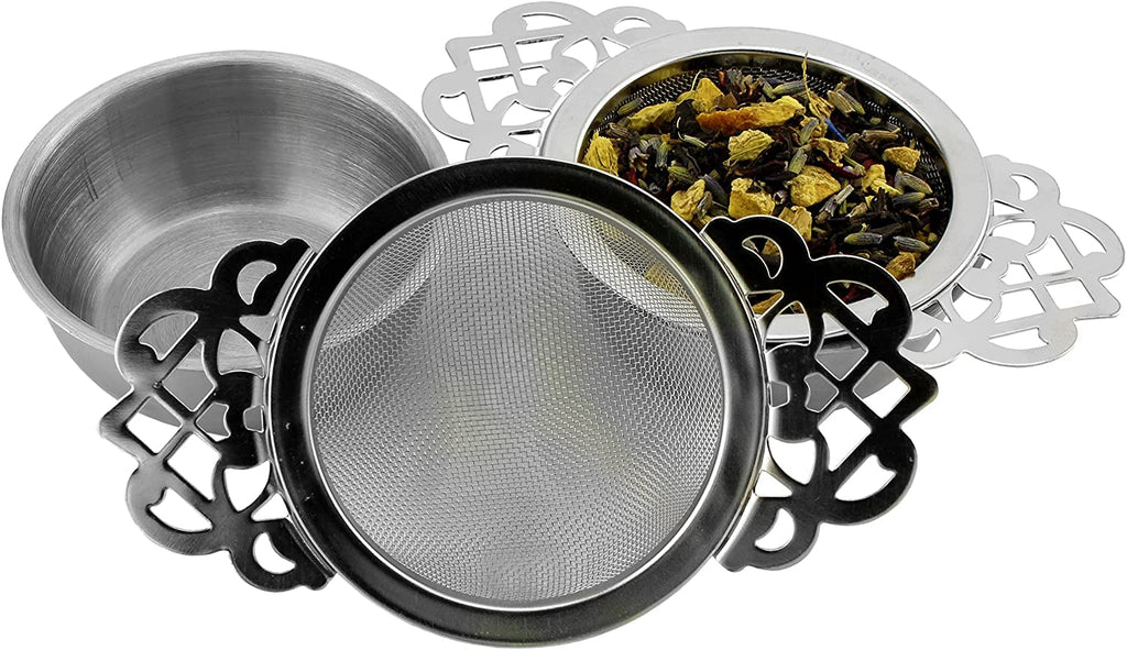 Empress Tea Strainers with Drip Bowls (2-Pack); Elegant Stainless Steel Loose Leaf Tea Strainers - sml0517aepsttx