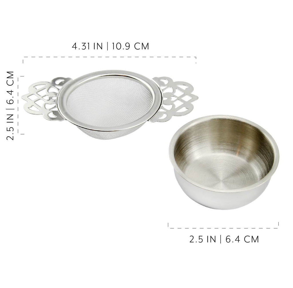 Empress Tea Strainers with Drip Bowls (2-Pack); Elegant Stainless Steel Loose Leaf Tea Strainers - sml0517aepsttx