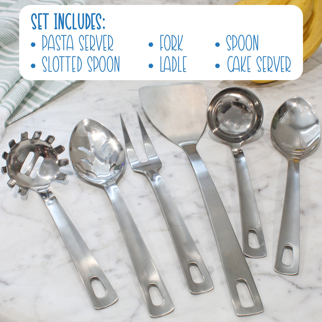 Complete Serving Spoon & Utensil Set (6-Piece Set, Silver) - sh974dar0Utensil