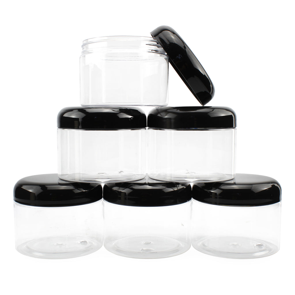 12 Ounce Clear Plastic Jars w/Black Plastic Lids (Case of 144) - 24X_SH_1336_CASE