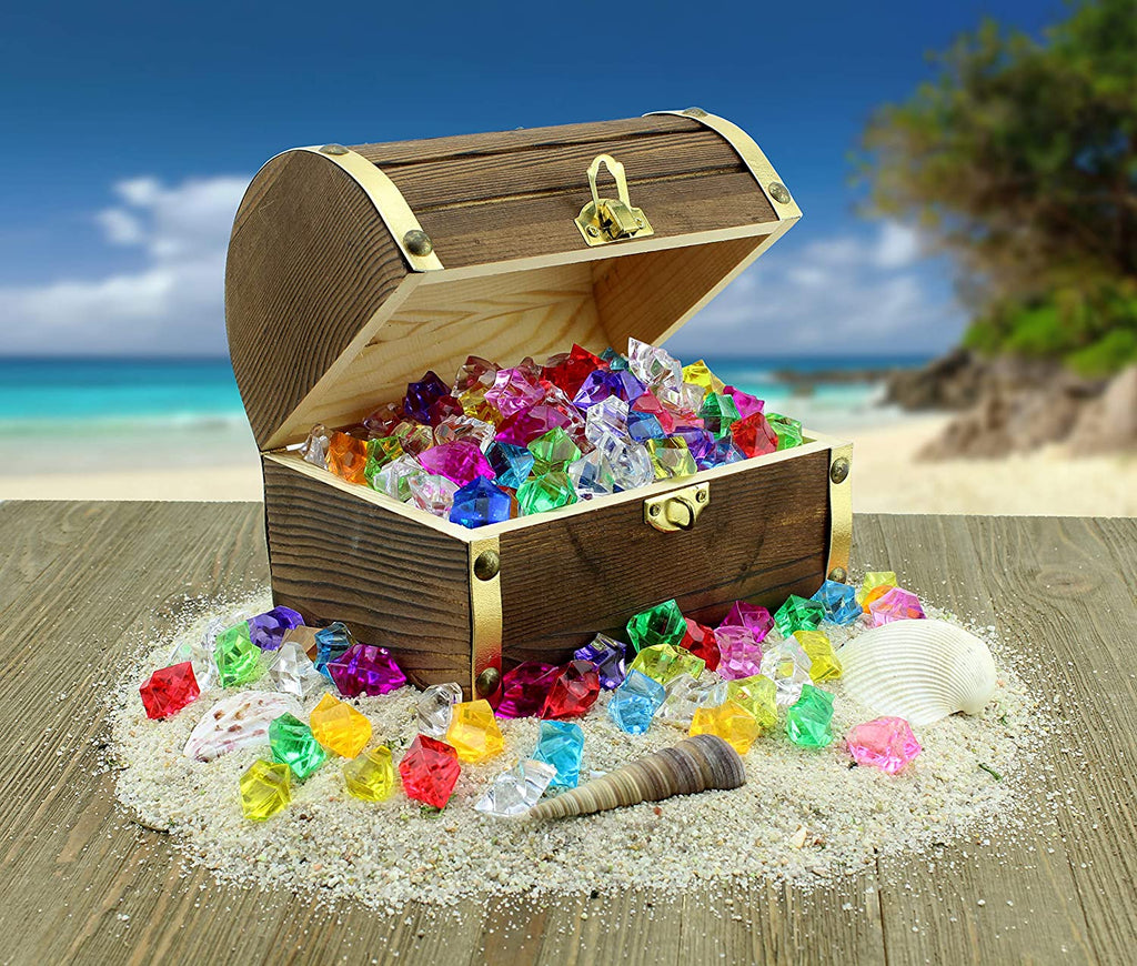 Wooden Pirate Treasure Chest with 240 Colored Jewels (Plastic Gems) - sh1014att0Chest