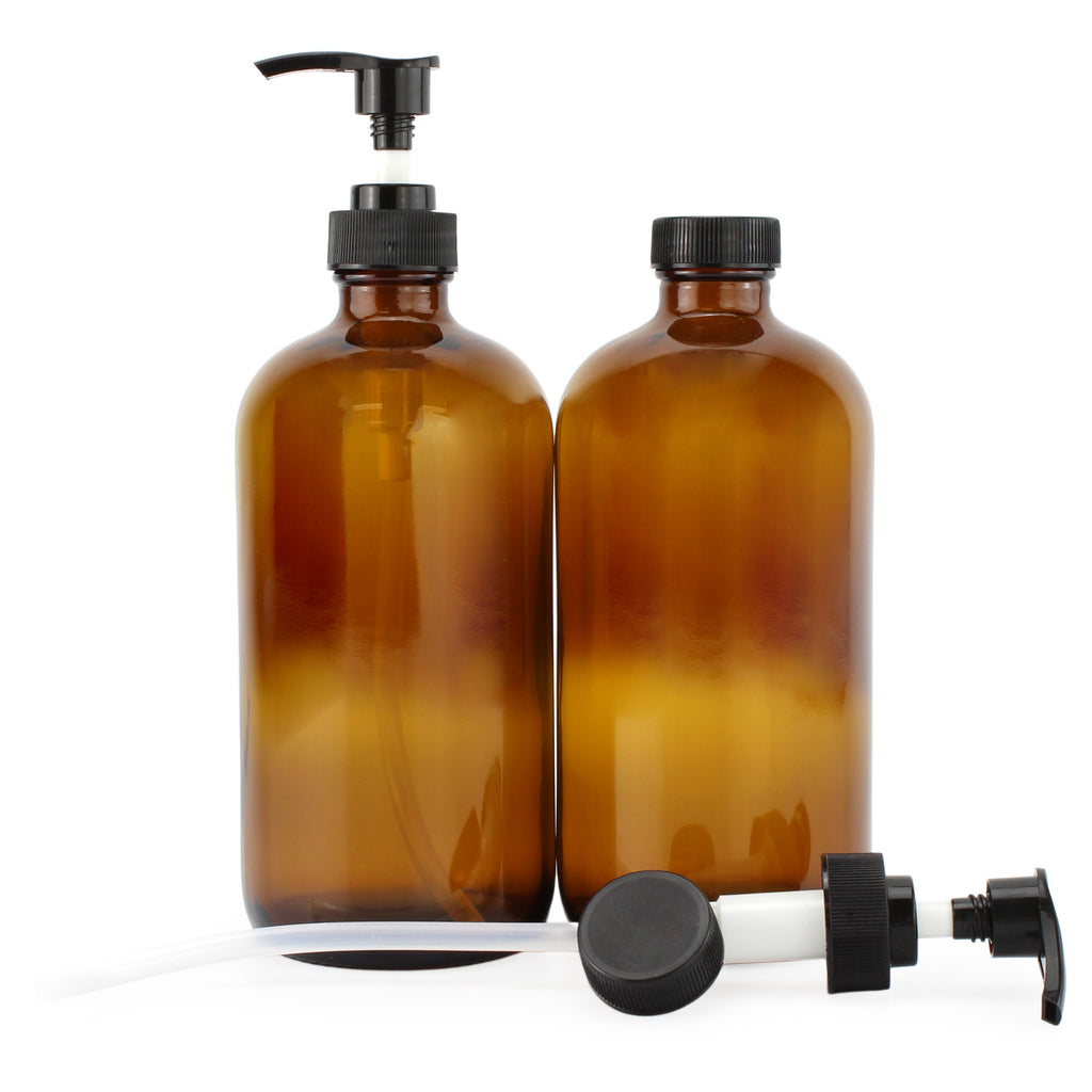 16oz Amber Glass Bottles w/ Pump Dispensers (Case of 48) - 48X_SH_1182_CASE