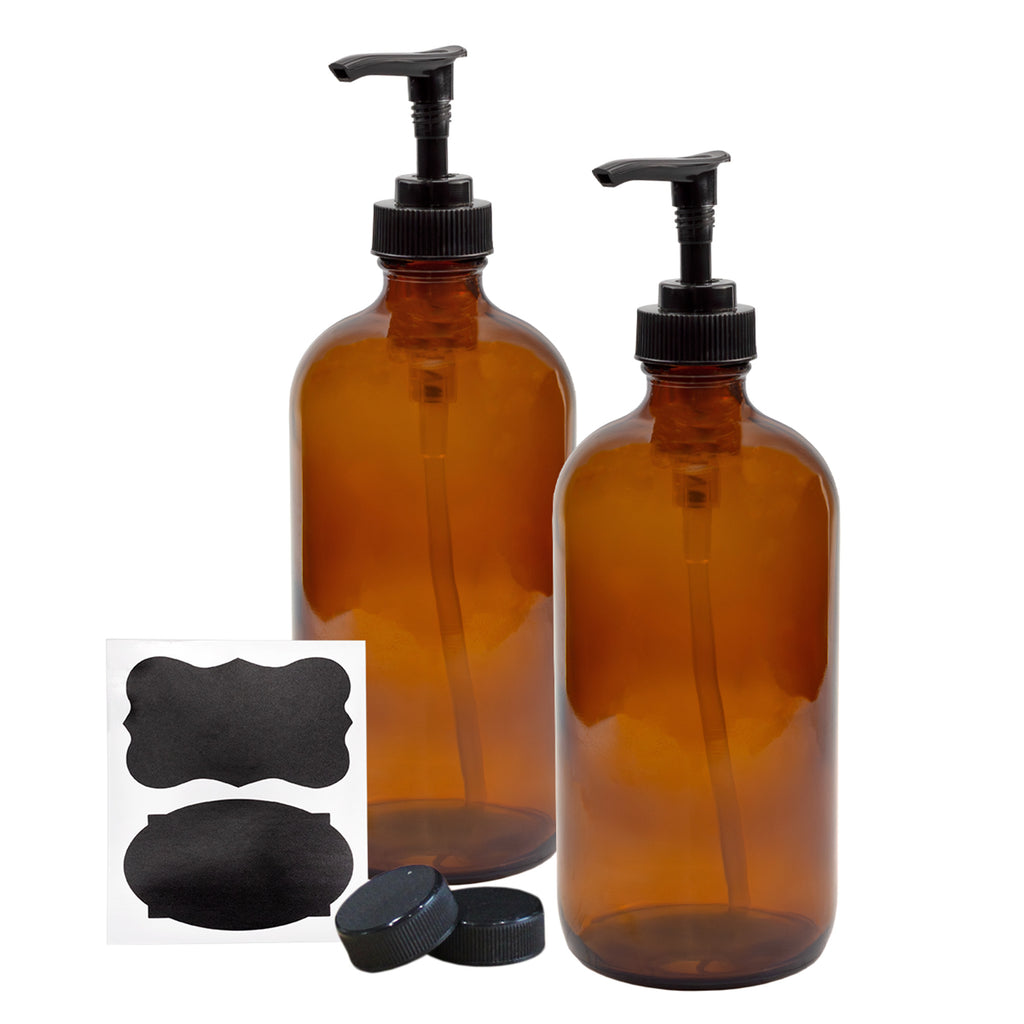16oz Amber Glass Bottles w/ Pump Dispensers (2-Pack) - sh1182cb016oz
