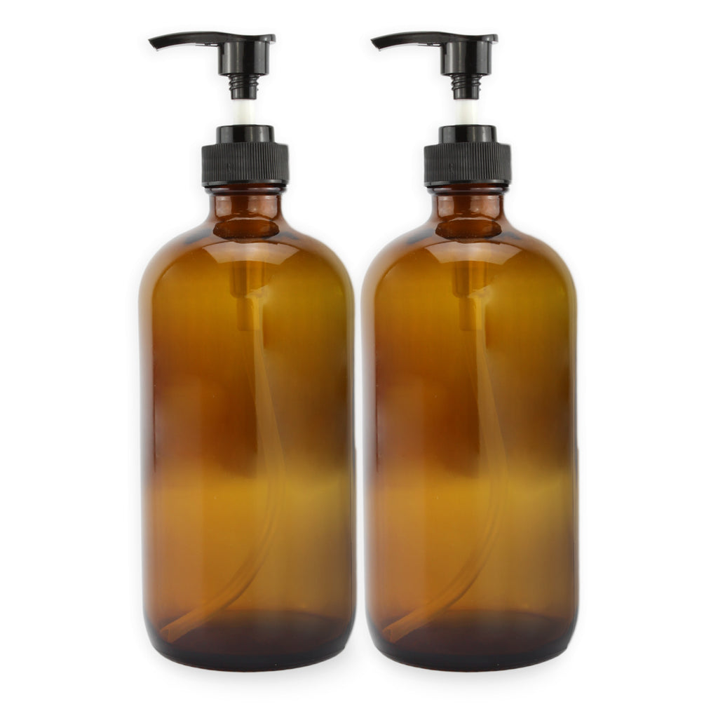 16oz Amber Glass Bottles w/ Pump Dispensers (Case of 48) - 48X_SH_1182_CASE