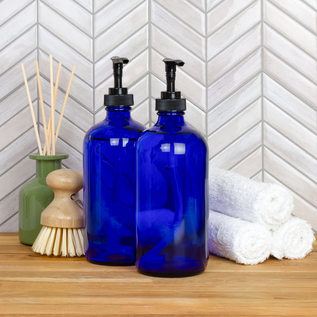 16oz Cobalt Blue Glass Bottles w/ Pump Dispensers (2-Pack) - sh1226cb0BLUE