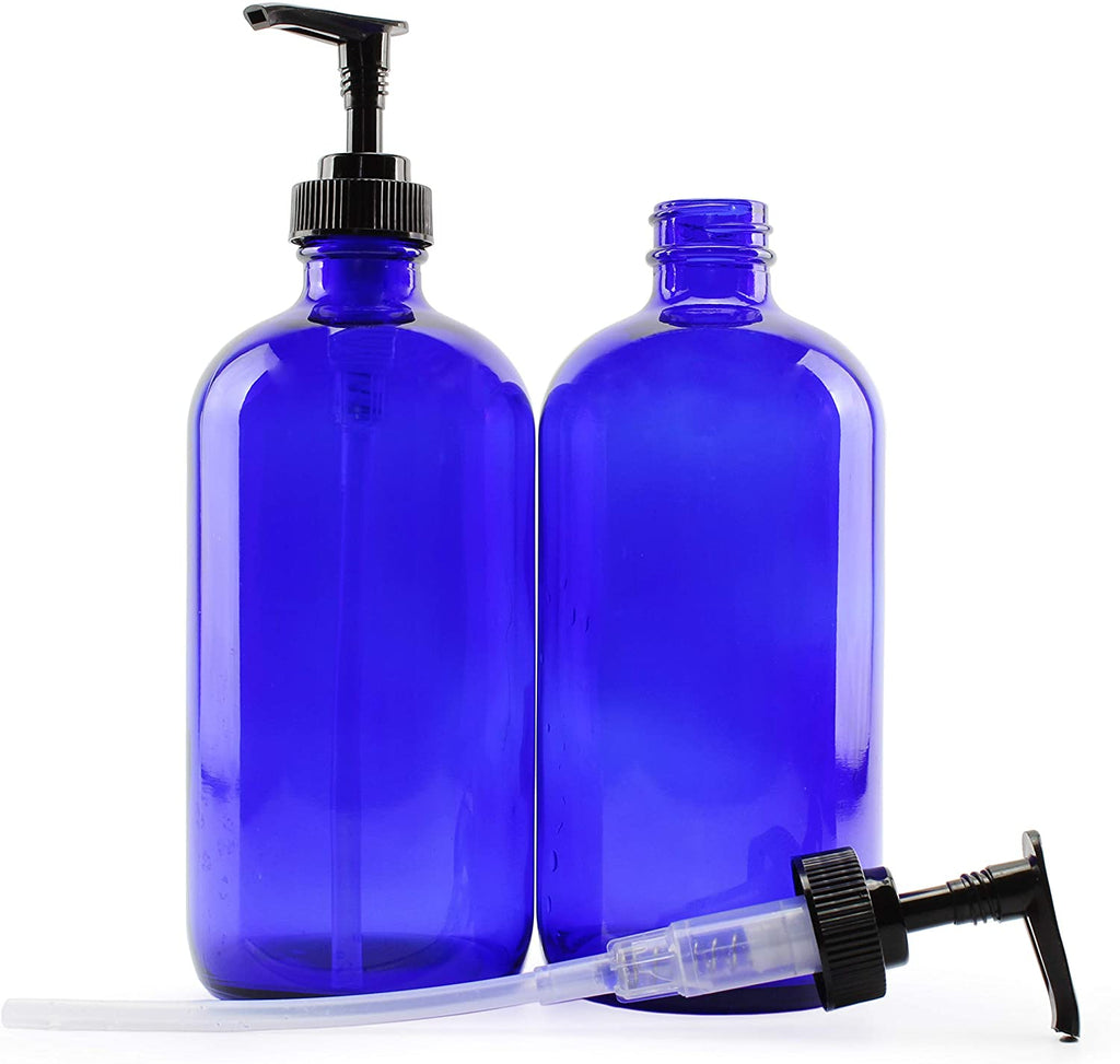 16oz Cobalt Blue Glass Bottles w/ Pump Dispensers (Case of 48) - 24X_SH_1226_CASE