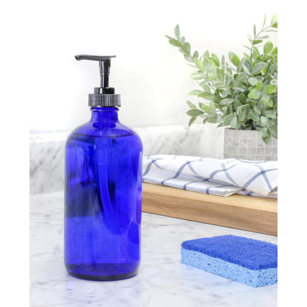 16oz Cobalt Blue Glass Bottles w/ Pump Dispensers (Case of 48) - 24X_SH_1226_CASE