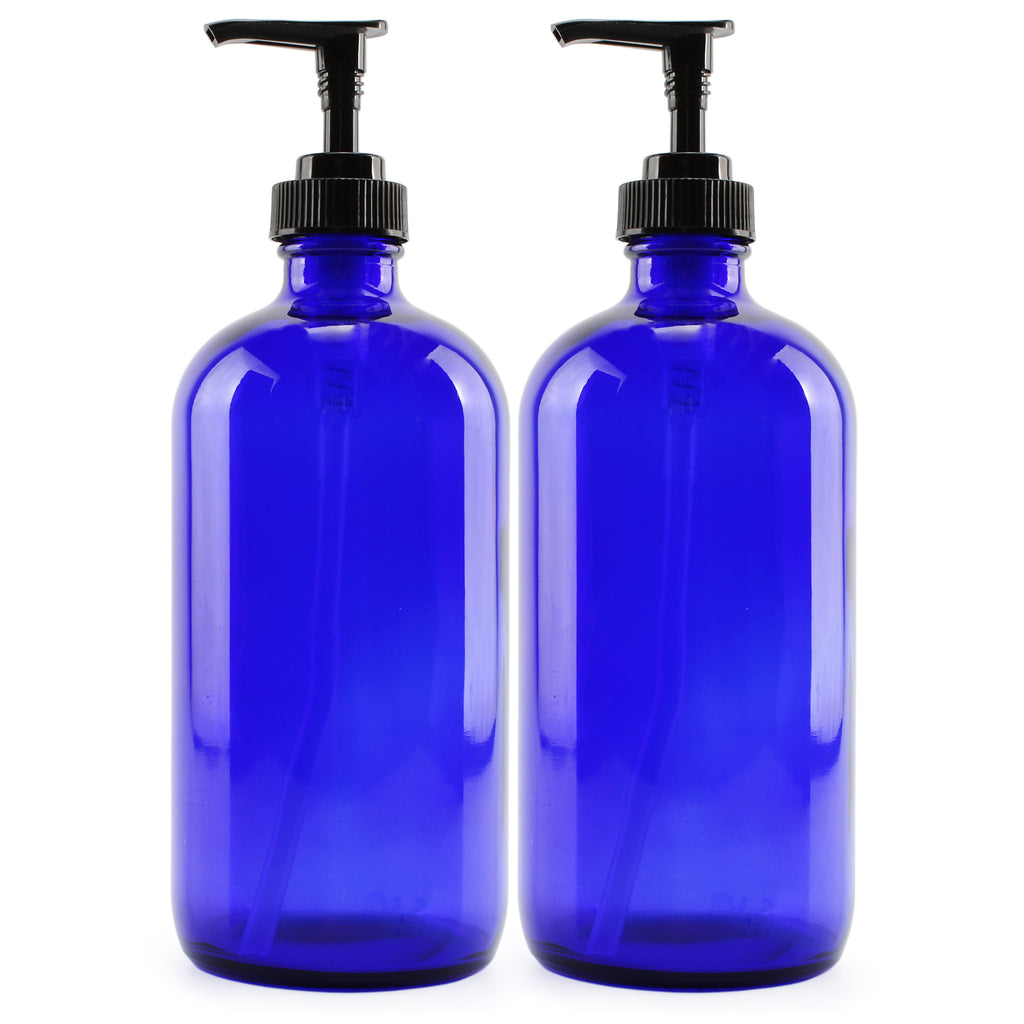 16oz Cobalt Blue Glass Bottles w/ Pump Dispensers (Case of 48) - 24X_SH_1226_CASE