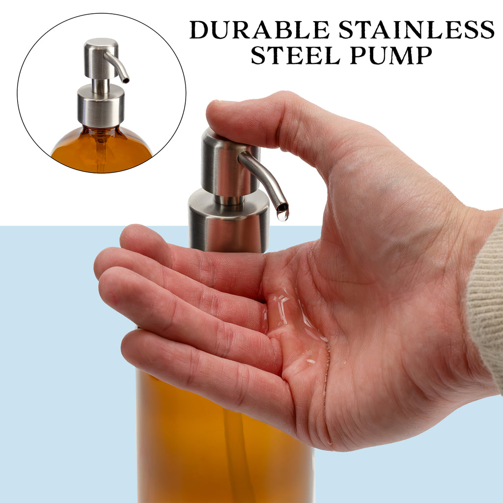 16oz Amber Glass Bottles w/Stainless Steel Pumps (2-Pack) - sh1183cb0Pump