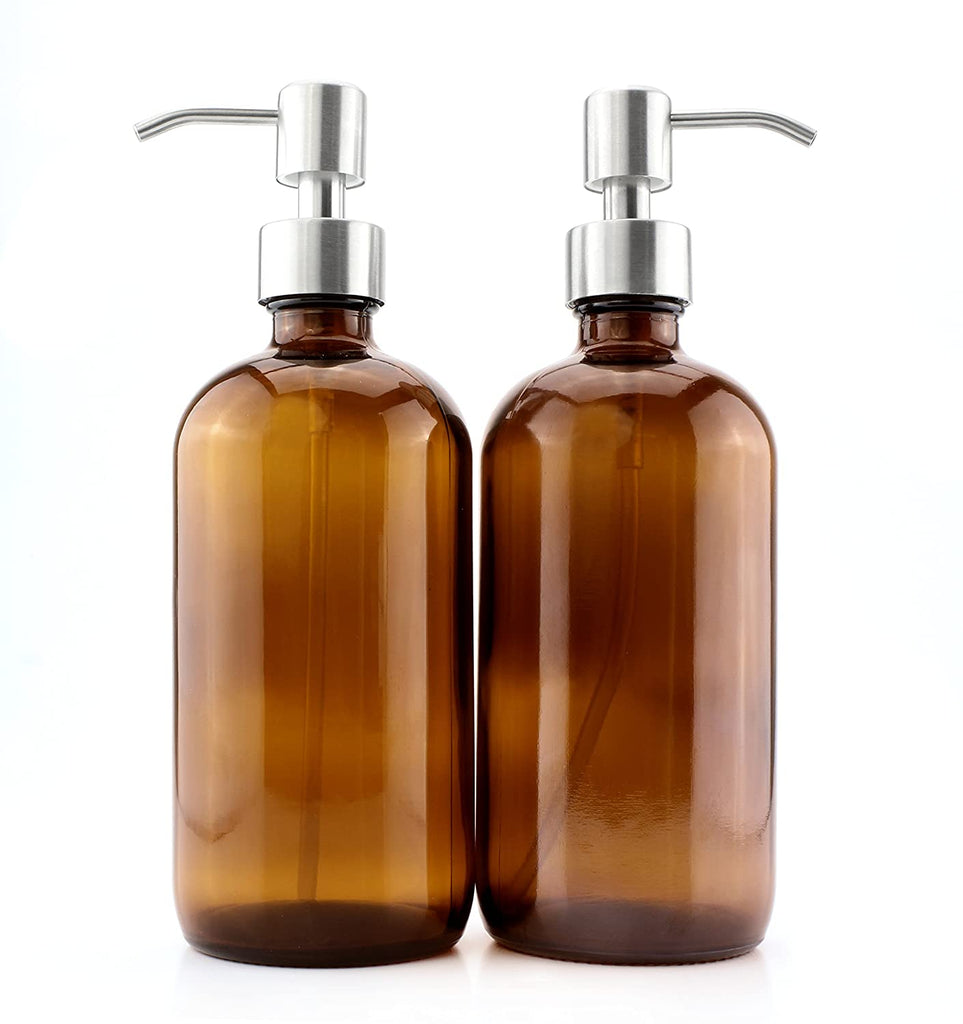 16oz Amber Glass Bottles w/Stainless Steel Pumps (2-Pack) - sh1183cb0Pump