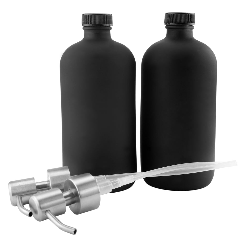 16oz Black Glass Bottles w/Stainless Steel Pumps (Case of 40) - 40X_SH_1225_CASE